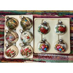 Vintage Owens Corning Glass Christmas Ornaments Wrapped Mice & Flowers Two Sets